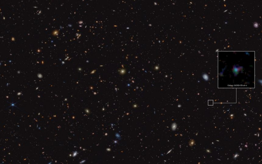 Distant galaxies appear as dust grains scattered against a dark backdrop. 