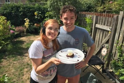 Emily and Luke with their microwaved cooked cake