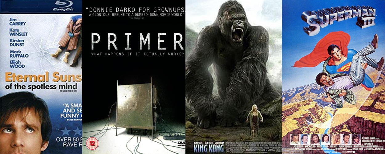 Showing the moving posters for Eternal Sunshine of the Spotless Mind, Primer, King Kong and Superman