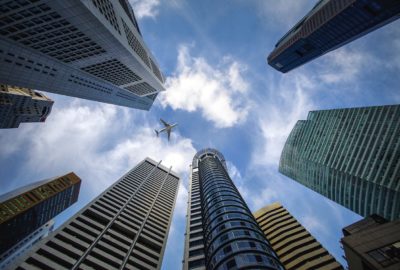 Aeroplane over city