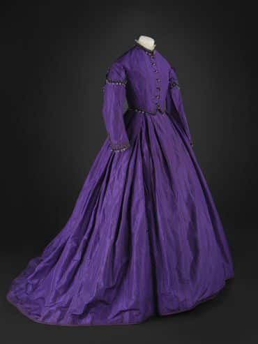 Image of a day dress, English, late-1860s, aniline dyed silk and glass beads
