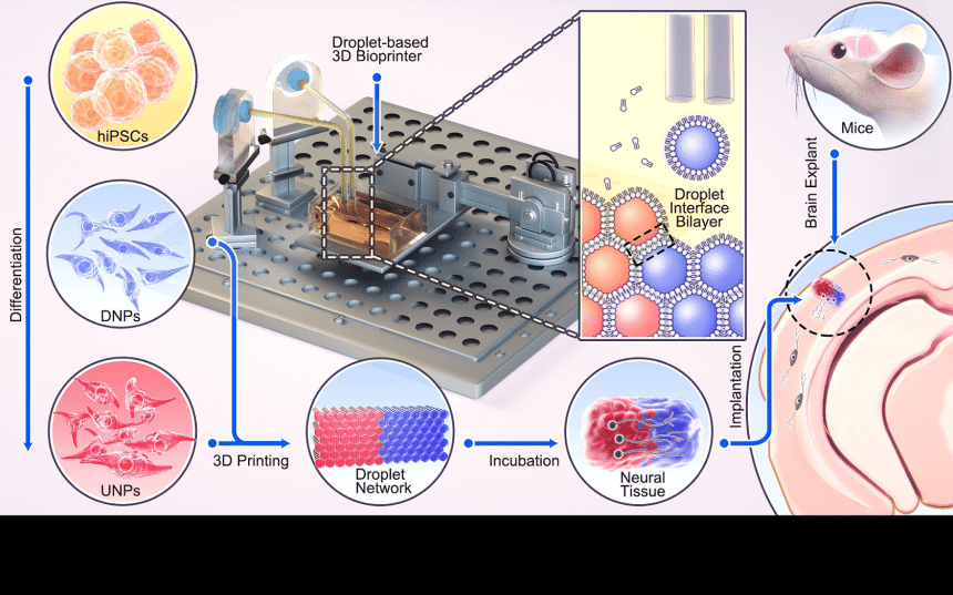 Diagram to illustrate how cultured cells were suspended in a ‘bioink’, loaded into a 3D printer, and printed to make a two layered 3D structure.