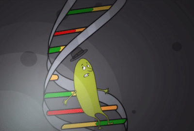 Ossie sitting on DNA! Still image from the animation 'Another Case of Heart Trouble'.