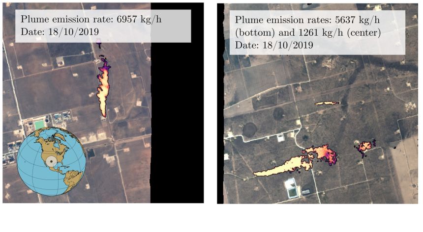 Four tiles showing satellite images of farmland. Methane plumes have been highlighted by the model and show up as firey red plumes.