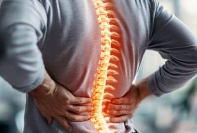 A man holds his lower back in pain, with his spine superimposed on the image (AI image).