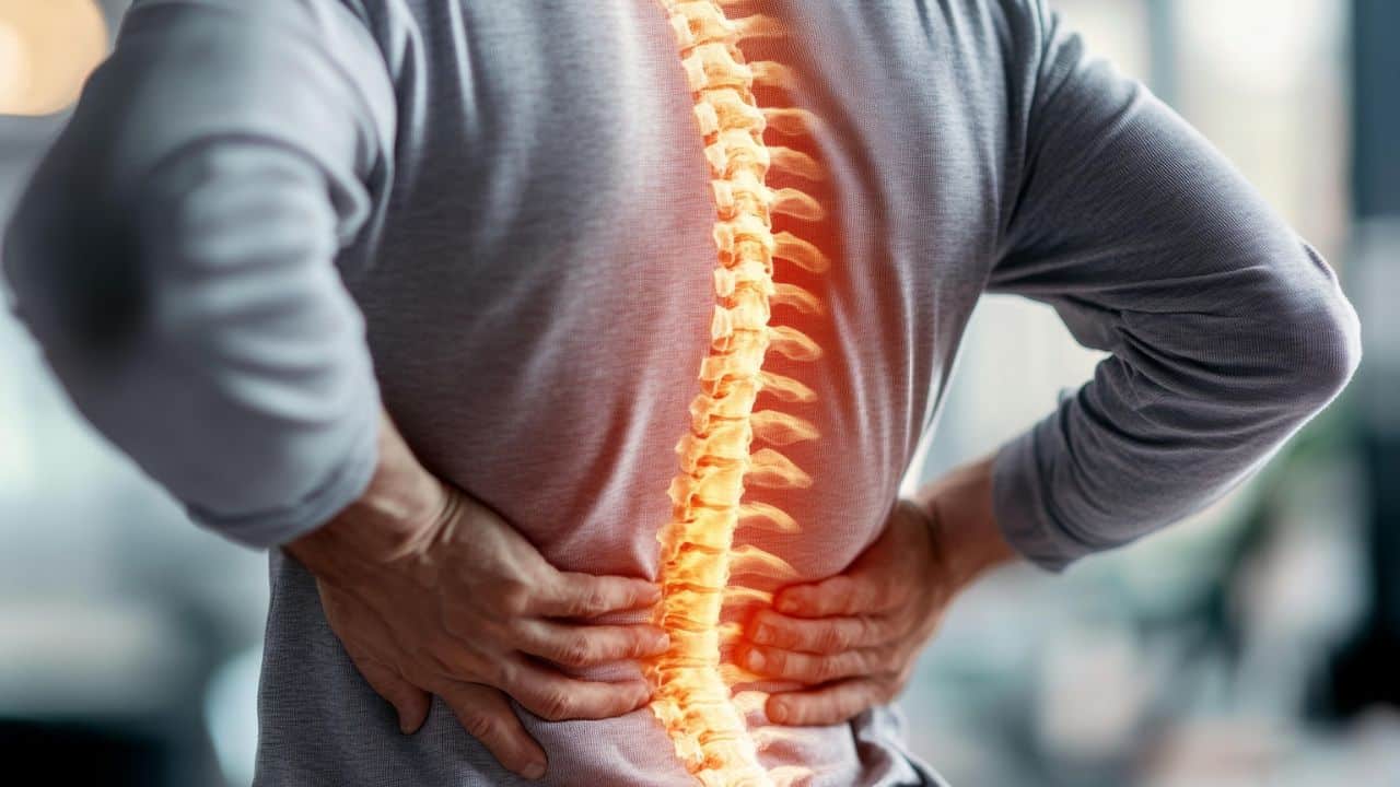 A man holds his lower back in pain, with his spine superimposed on the image (AI image).