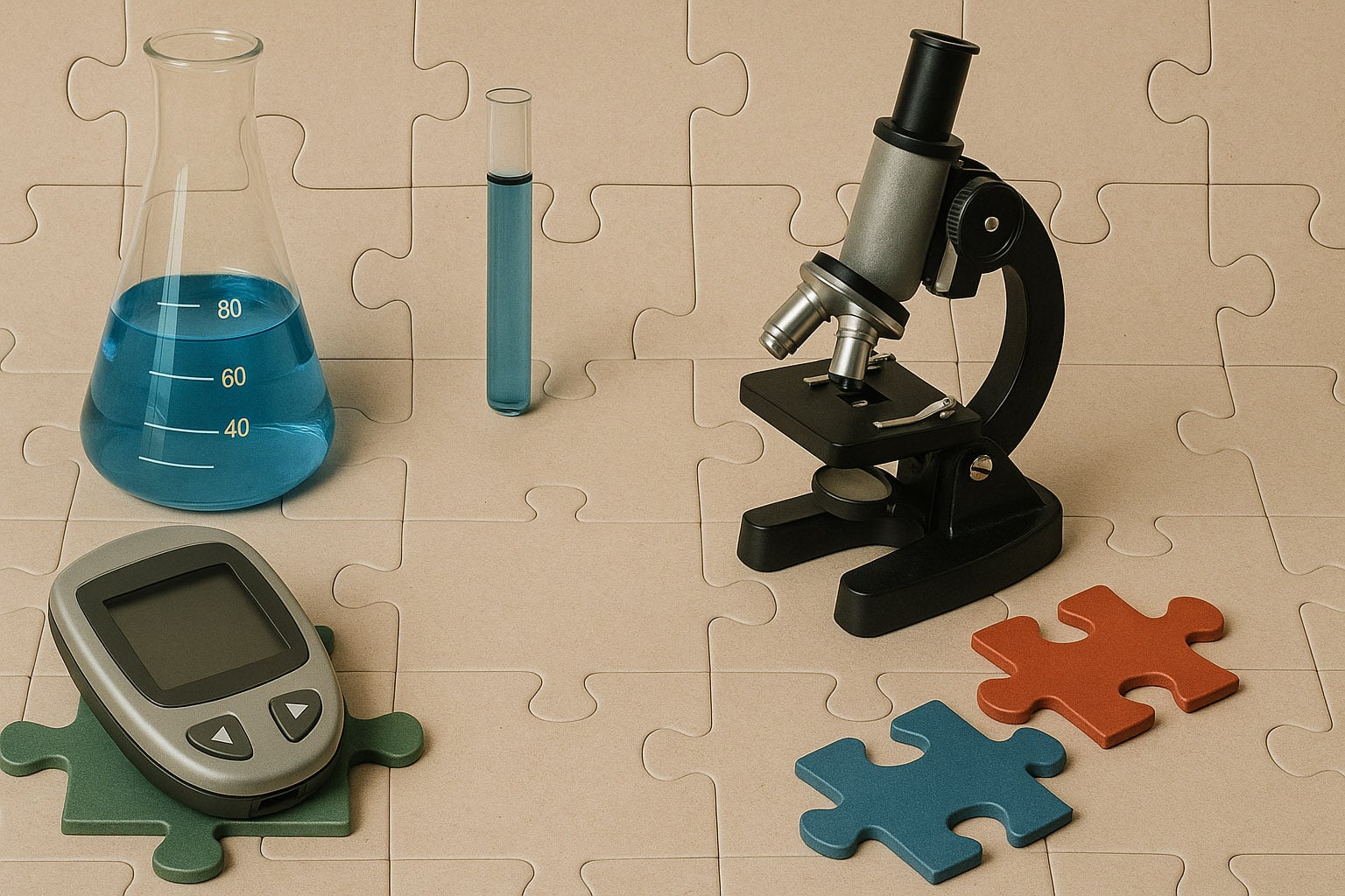 AI image of scientific equipment sitting on a jigsaw puzzle.