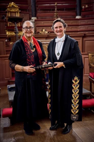 Mākereti’s descendant June Northcroft Grant with Professor Irene Tracey, Vice Chancellor of the University of Oxford in the Sheldonian Theatre, Oxford after receiving Mākereti’s posthumous degree