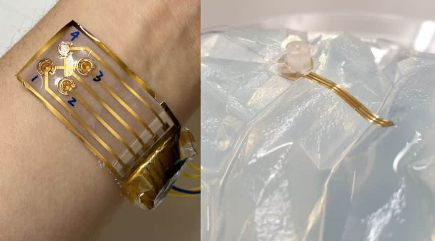 Left: A thin rectangular and transparent medical device attached to a person’s wrist. Internal wiring can be seen, and four electrodes in contact with the skin. Right: Close up of a flexible implant device lying on top of a transparent material that mimic