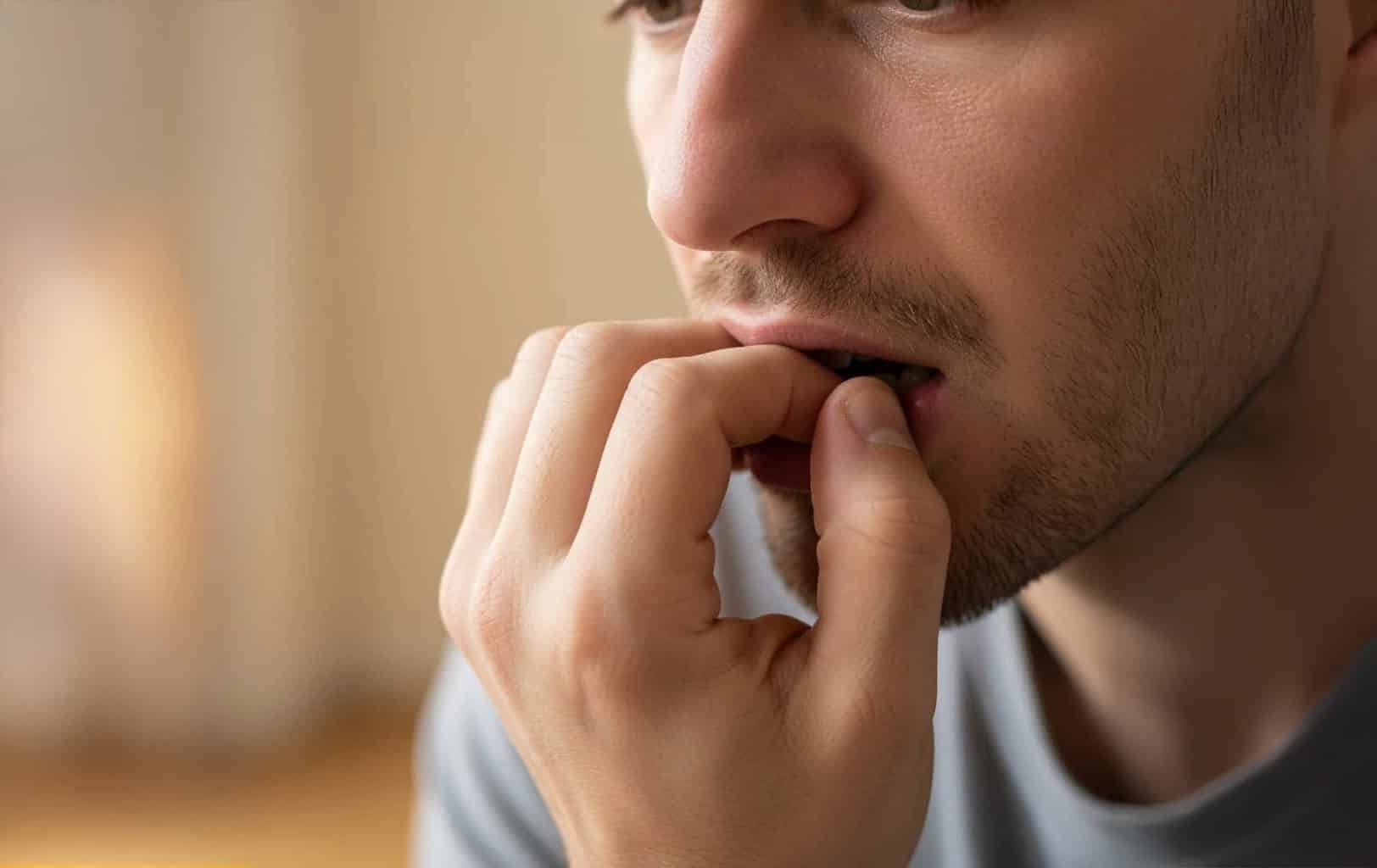AI-generated image of a man biting his nails.