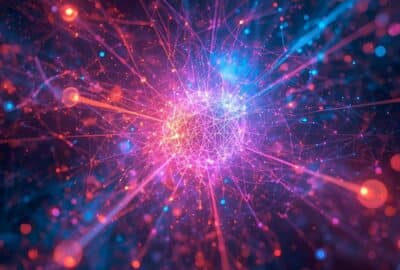 AI generated image representing quantum computing. A network of pink and purple luminous spheres appear on a black background.