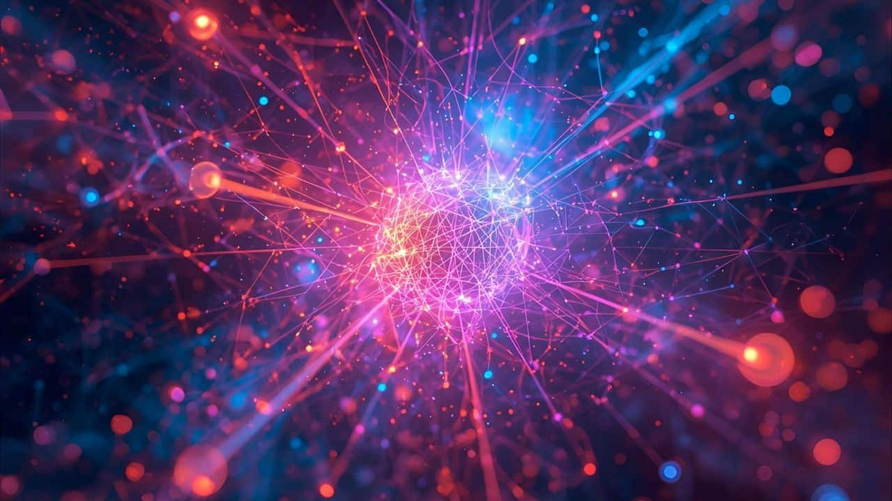 AI generated image representing quantum computing. A network of pink and purple luminous spheres appear on a black background.