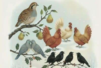 Artwork depicting some of the birds mentioned in 'The Twelve Days of Christmas' - four calling birds, three French hens, two turtle doves and a partridge in a pear tree. Generated using AI (Gemini 2.5 Flash Image model).