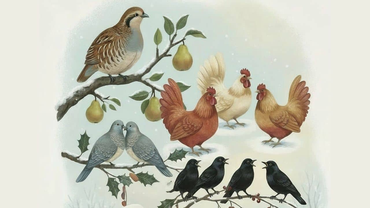 Artwork depicting some of the birds mentioned in 'The Twelve Days of Christmas' - four calling birds, three French hens, two turtle doves and a partridge in a pear tree. Generated using AI (Gemini 2.5 Flash Image model).