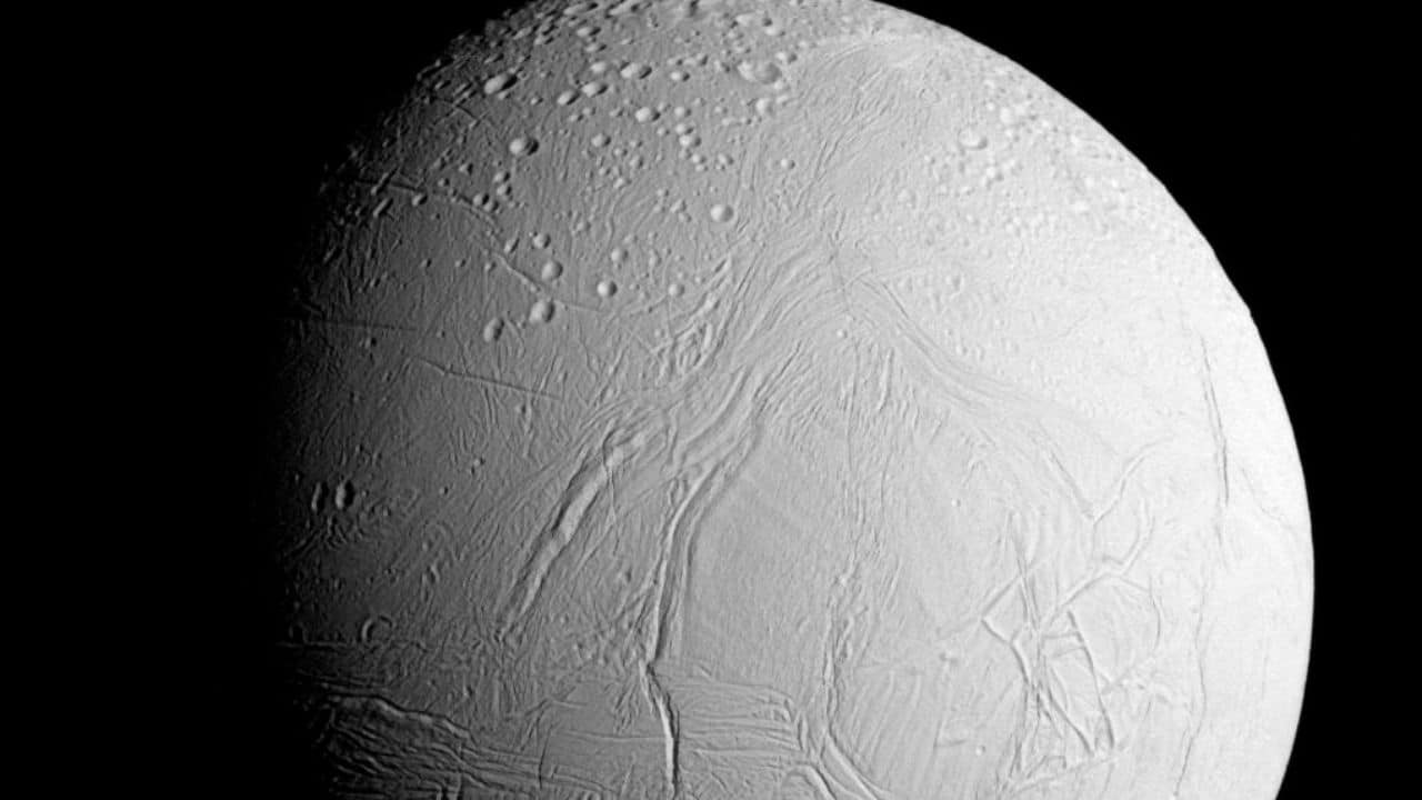 Saturn's moon, Enceladus, cropped. NASA's Cassini spacecraft captured this view as it neared icy Enceladus for its closest-ever dive past the moon's active south polar region. Credit: NASA; JPL-Caltech/Space Science Institute
