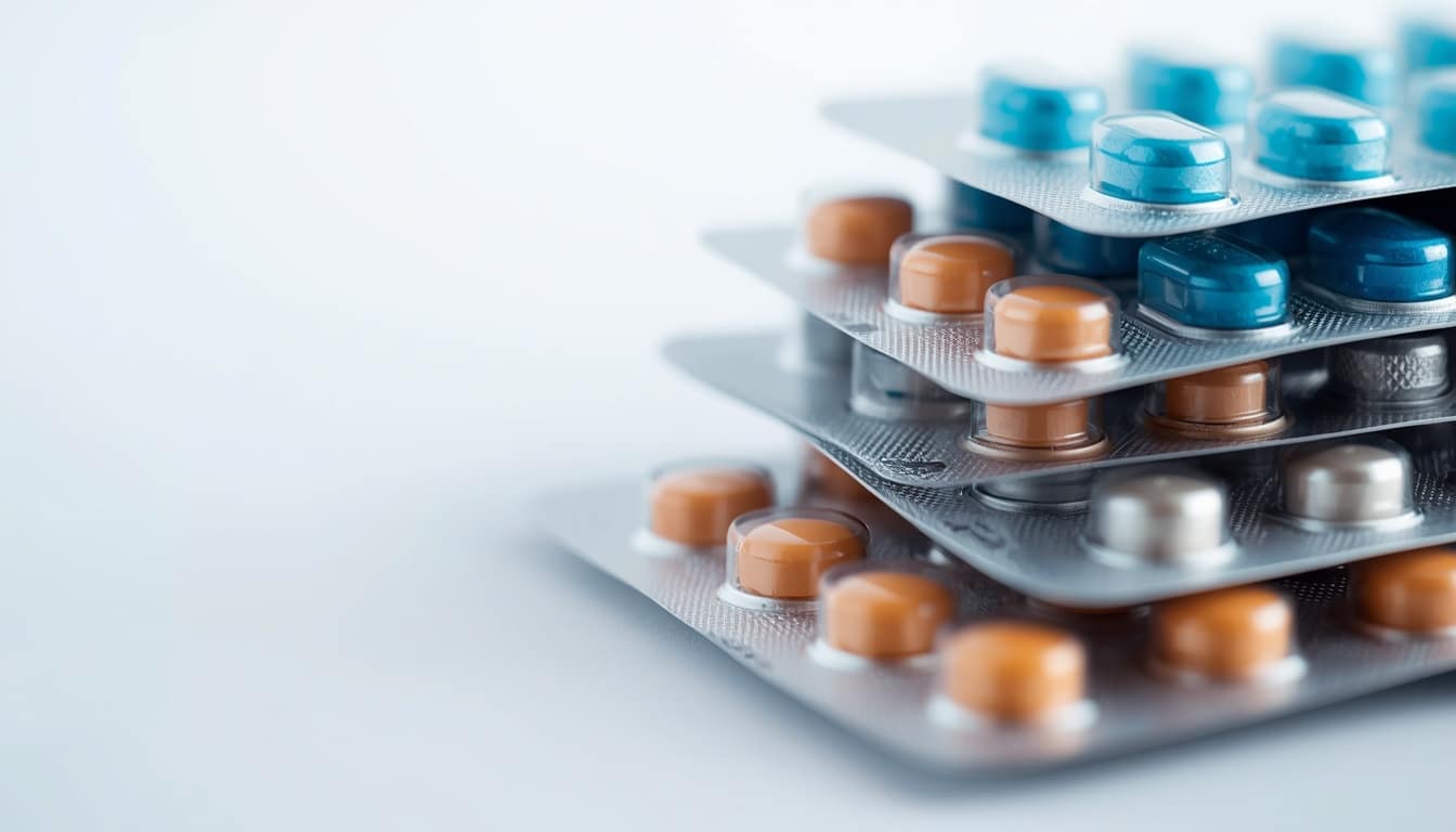 Stack of blister packs, containing coloured pharmaceuticals. AI-generated image (Lucid Origin).