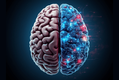 AI-generated (Canva, Magic Media) image of a brain, where one half is 'normal' and the other half is a futuristic-looking digital brain. Representation of the digital brain twin idea (though the digital brain twin would use data from the whole brain - not just half).